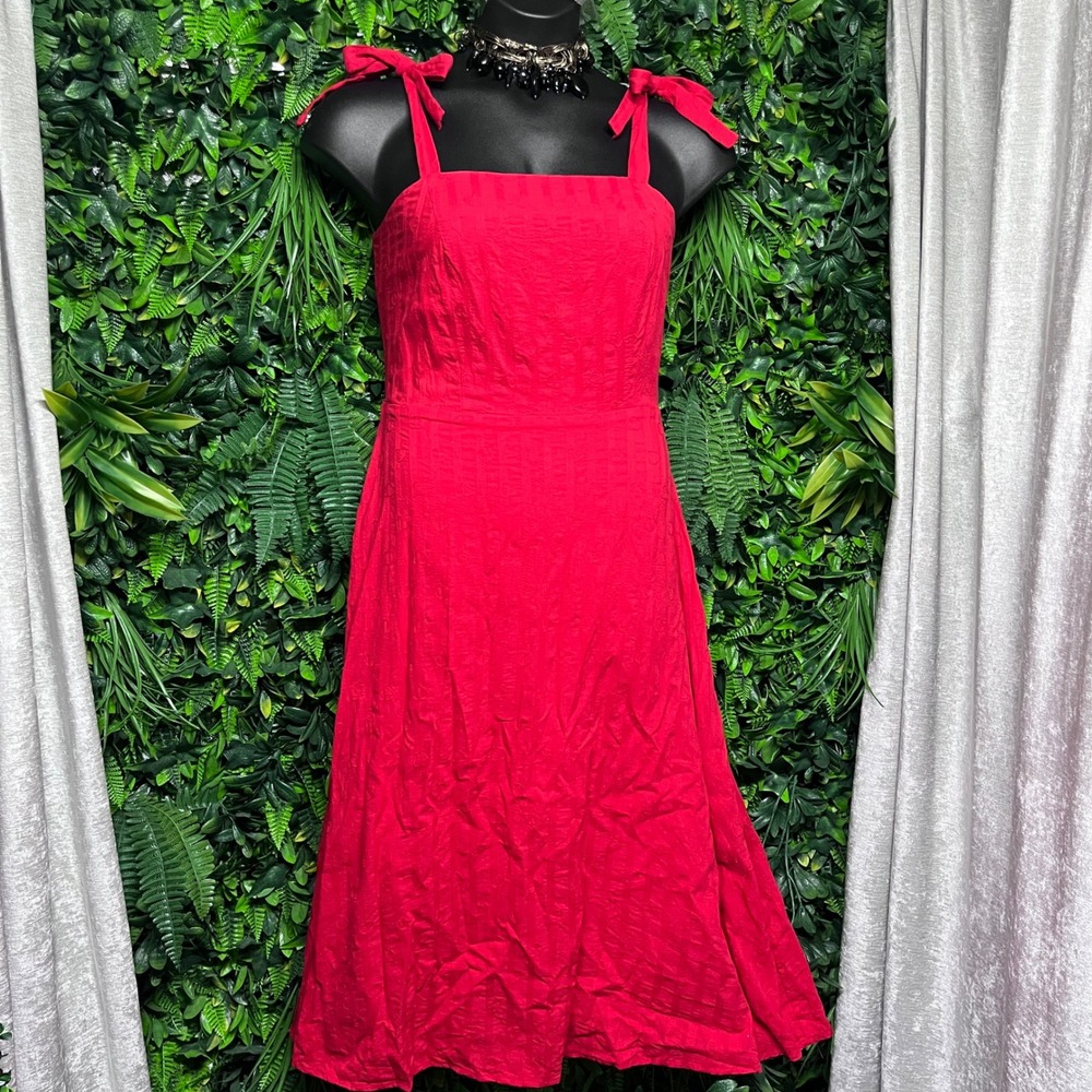 Draper James RSVP Dress Large Red Textured Hearts Tie Shoulder Smocked Midi 3844 - Picture 3 of 9